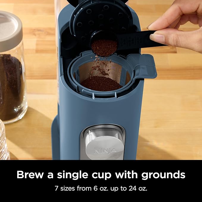 Ninja Pods &amp Grounds Single-Serve Coffee Maker K-Cup Pod Compatible 56-oz. Reservoir 6-oz. Cup to 24-oz. Travel Mug Brew Sizes Iced Coffee Maker Blue PB041BL