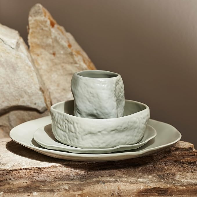 Stone by Mercer Project Atik Modern Stoneware 32-Piece Dinnerware Set Plate and Bowl Set Dish set for 8 Sage-Grey