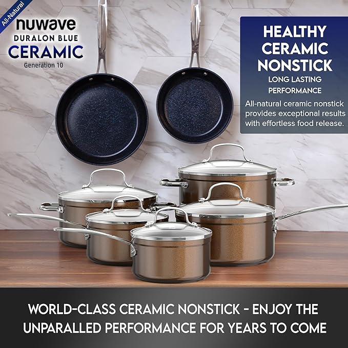 Nuwave Healthy Duralon Blue Ceramic Nonstick Cookware Set Diamond Infused Scratch-Resistant PFAS Free Dishwasher &amp Oven Safe Induction Ready &amp Evenly Heats Tempered Glass Lids &amp Stay-