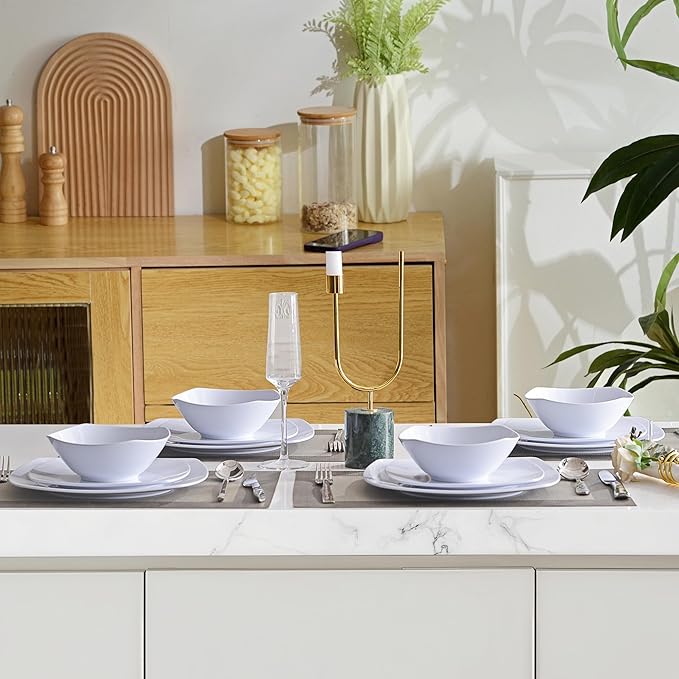Melamine Dinnerware Sets Square Dinnerware Sets White Color Plates and Bowls Sets for 4 Unbreakable Dishwasher Safe BPA Free