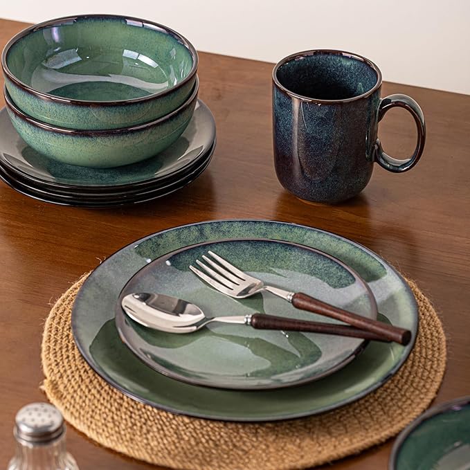 8 Piece Dinnerware Sets for 2 Scratch Resistantmicrowave oven and Dishwasher Safe Plates and Bowls Sets Ceramic Dish Set Bowl and Plate Set -Kiln turns foggy green