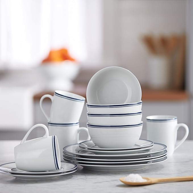 Amazon Basics 16-Piece Cafe Stripe Dinnerware Set Microwave and Dishwasher Safe Plates Bowls Mugs Service for 4 Blue