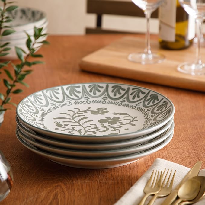 Bloomhouse - 2-Time Oprah’s Favorite Things - Valencia Flor 4 Piece 10.75” Dinner Plate Set Stoneware Plates Mediterranean Floral Decal Design Microwave &amp Dishwasher Safe Fern Green