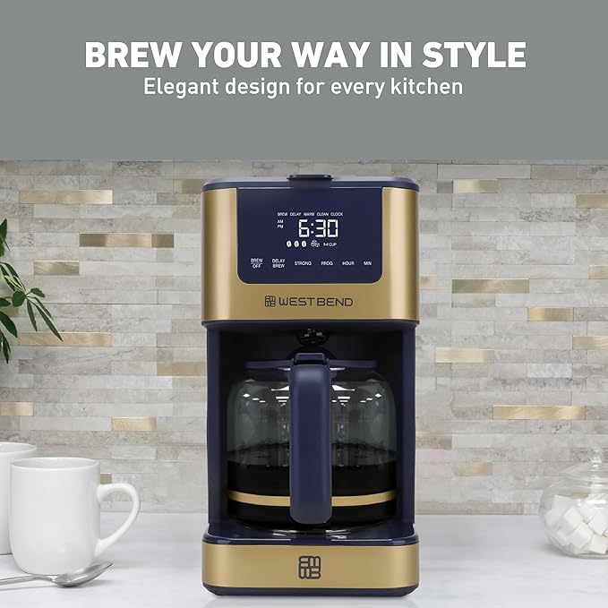 West Bend Timeless 12-Cup Programmable Coffee Maker with Brew Strength Selector for Hot and Iced Coffee Includes 1-4 Cup Brew Option and Permanent Filter
