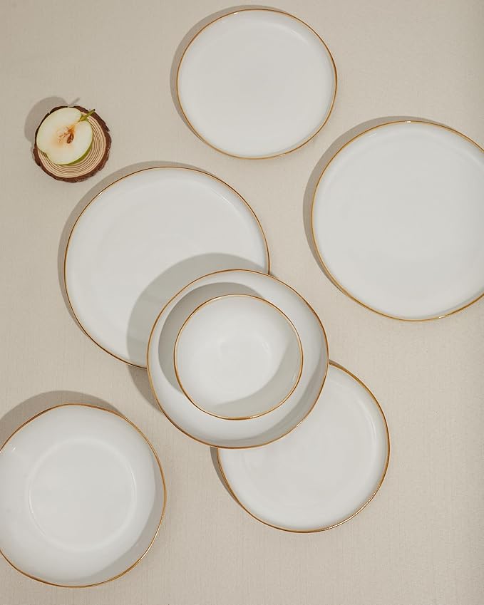 18 Piece White Reactive Glaze Dinnerware Set for 6 Irregular Coastal Shape Stoneware | Elegant &amp Minimal Design for Daily Family Dinners or Weekend Guests