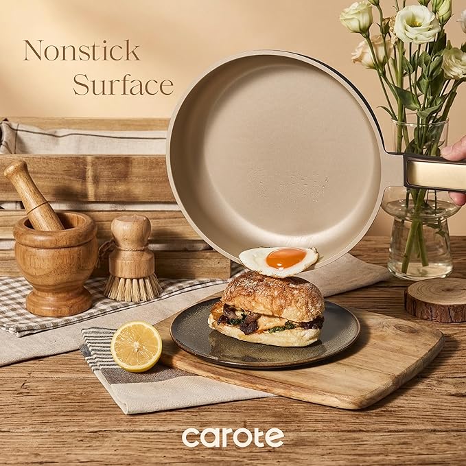 CAROTE Pots and Pans Set Nonstick 16pcs Cookware Set Nonstick Non-Toxic &amp PFOA&ampPFOS-Free Dishwasher RV/Camping Cookware Set Cooking Pots with Lids Brown