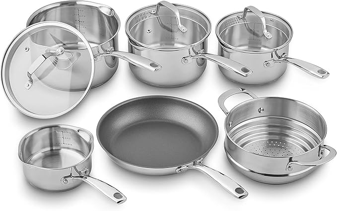 Tala 6 Piece Stainless Steel Cookware Set - Non-Stick Frying Pan 4 Multifunctional Cooking Pots with Tempered Glass Lids &amp Steamer - Dishwasher Safe Scratch Resistant - Suitable for All Stoves