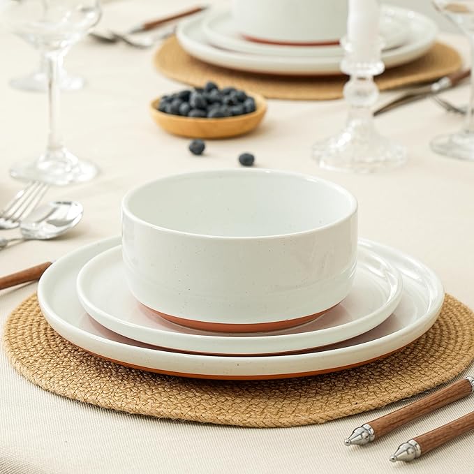 24 Piece Dinnerware Set Dual Glaze Stoneware Plates and Bowls Sets Modern Dinner Plate Salad Plate Cereal Bowl Dish Set for 8 Microwave and Dishwasher Safe Stardust Glaze White