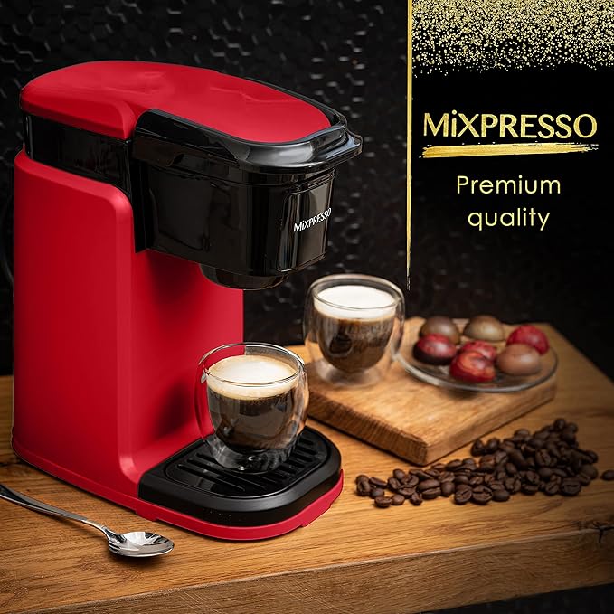 Mixpresso Red Single Serve Coffee Maker for K Capsule Compact Mini Coffee Maker 800 Watt Coffee Machine for Pods or Ground Fast Brew Auto Shut Off 12 Oz Brew Size for Travel Office RV and Dorm