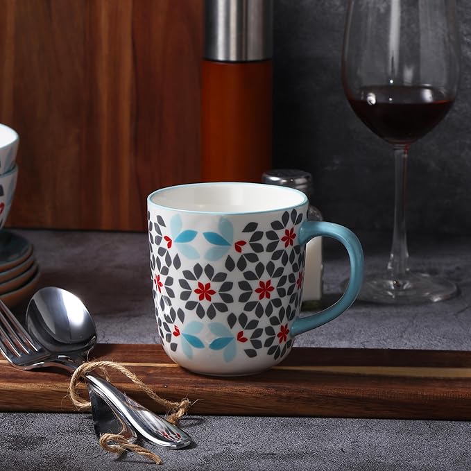 Lorren Home Trends Bone China 16-Piece Dinnerware Set Floral Pattern with Blue and Red Microwave and Dishwasher Safe Service for 4