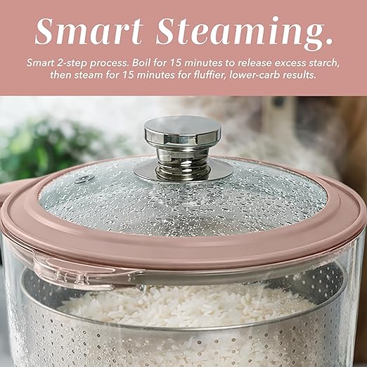 COOK WITH COLOR 3L Glass Mini Low Carb Rice Cooker – Holds 2 Cups Raw/Makes 6 Cups Cooked with Auto Lift Filter Basket Hotpot &amp Steamer for Rice Grains Digital Panel with Keep Warm Dusty Rose