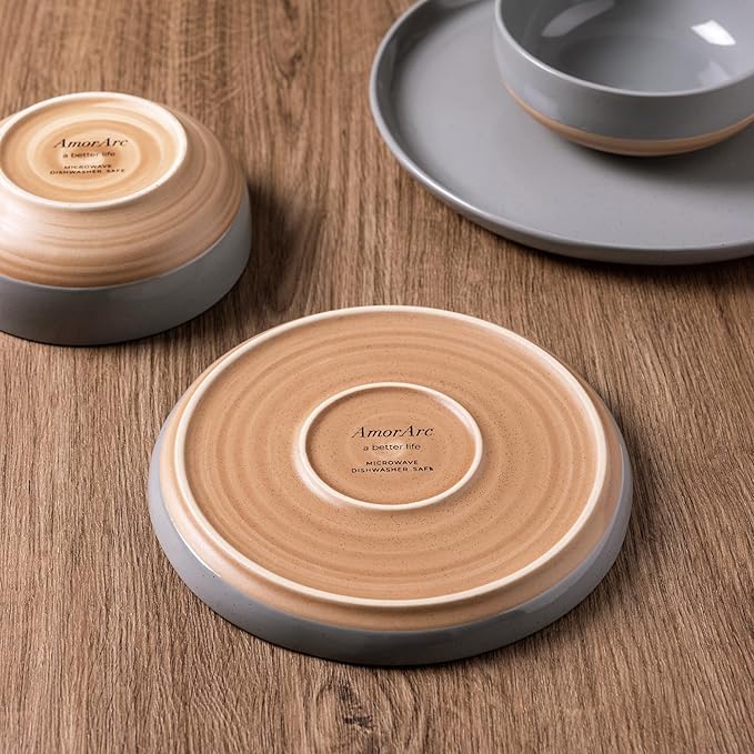 AmorArc Ceramic Dinnerware Sets for 6 18 Pieces Handpainted Plates and Bowls Set with Rustic Terracotta Underside Scratch Resistant Stoneware Dishes Set Dishwasher &amp Microwave Safe Gray
