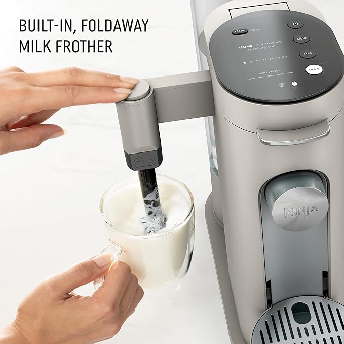 Ninja Pod &amp Grounds Specialty Single-Serve Coffee Maker K-Cup Pod Compatible Brews Grounds Compact Design Built-In Milk Frother 56-oz. Reservoir 6-oz. Cup to 24-oz. Mug Sizes Stone PB051ST