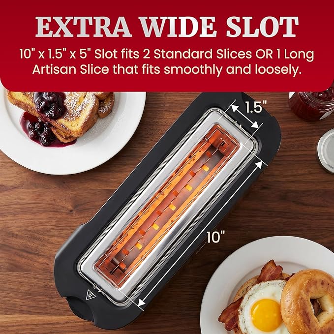 Elite Gourmet ECT3200 2-Slice 1 Long Slot Slim Toaster Reheat 6 Toast Settings Defrost Cancel Functions Built-in Warming Rack Extra Wide Slots for Bagels Waffles Stainless Steel &amp Black