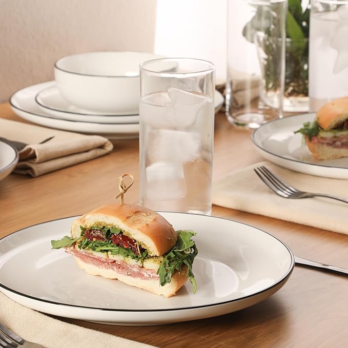 Gibson Home Havenstone 12-Piece Porcelain Dinnerware Set – Dinner Plates Salad Plates &amp Bowls Classic White With Black Rim Everyday Dish Set for Home Kitchen Microwave &amp Dishwasher Safe