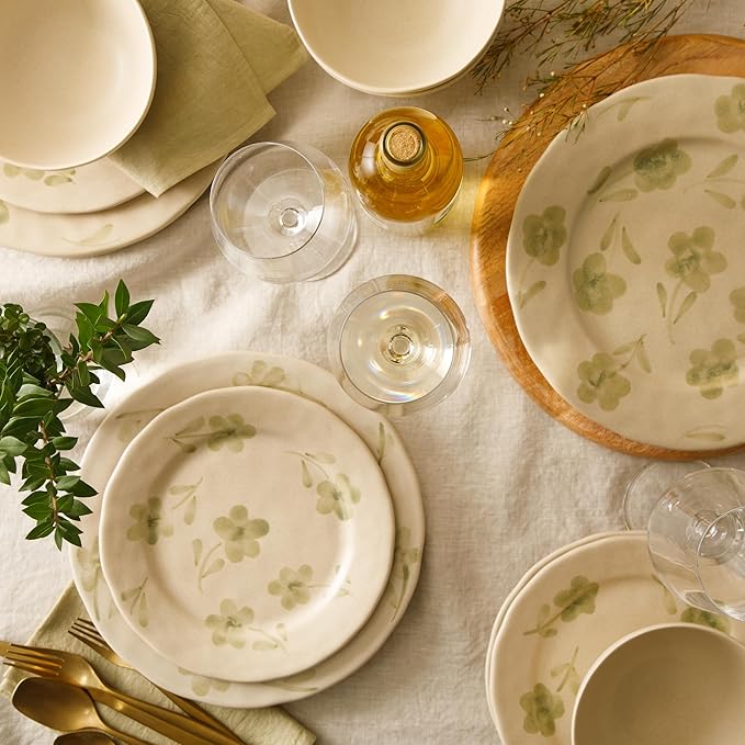 Bloomhouse - 2 Time Oprah's Favorite Things - Made in Portugal Hand Painted Dinnerware Set - Porto Petals 12 Piece (Service for 4) Floral Plates and Bowls Set - Green Orchid