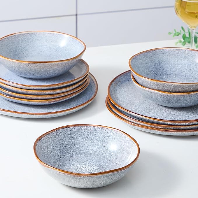 Bestone 12 Pieces Round Kitchen Dinnerware SetsPlates and Bowls SetsDishes Plates Bowls Dish Set Chip Resistant Ceramic Dinnerware Set Dishwasher/Microwave SafeService for 4Reactive Blue