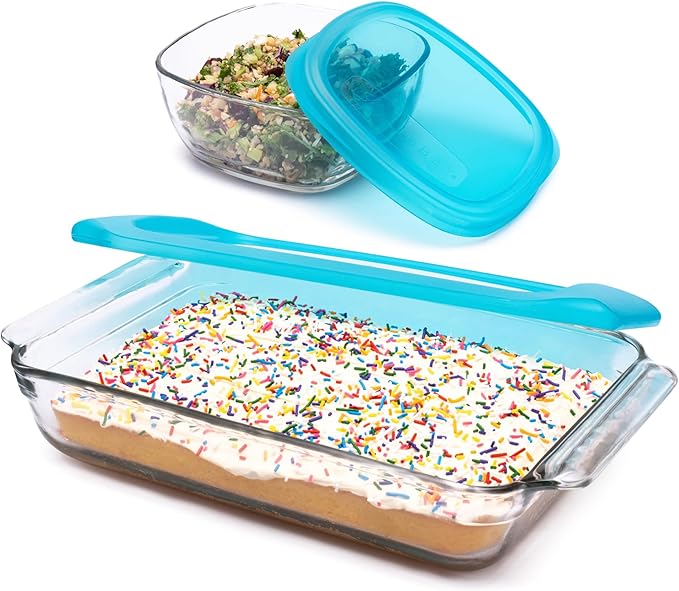 Libbey Baker’s Premium 4 Piece Glass Baking Dish Set Multipurpose Space Saving Casserole Dish with Lid Set Baking Glassware for Potlucks Leftovers