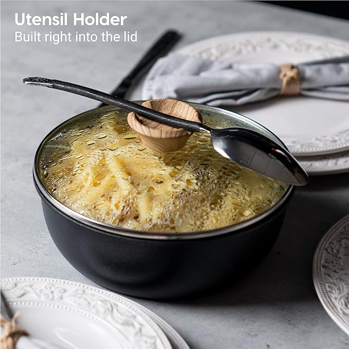 IRIS USA Non Stick Cast Aluminum Fry Pans with Removable Handles and Collapsible Wood Trivet - 6 Piece Kitchen Cookware Sets Round