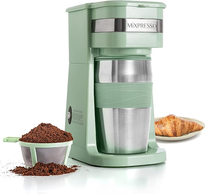 Mixpresso Green Personal Single Serve Coffee Maker with 14oz Travel Mug Drip Small Coffee Maker with Auto Shut Off Reusable Filter Works with Ground Coffee Only – Not for K-Cup Pods