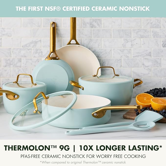 GreenPan Nonstick Reserve Pro 10 Piece Cookware Set NSF Certified Ceramic Hard Anodized PFAS-Free Pots &amp Pans Set with Lids Stainless Steel Handles Oven &amp Dishwasher Safe Seaside Blue