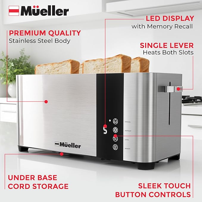 Mueller UltraToast Stainless Steel Toaster 4 Slice – Extra-Wide 1.6 Slots for Artisan Bread Bagels &amp Frozen Waffles 6 Browning Levels LED Display Cancel/Defrost/Reheat Removable Crumb Tray