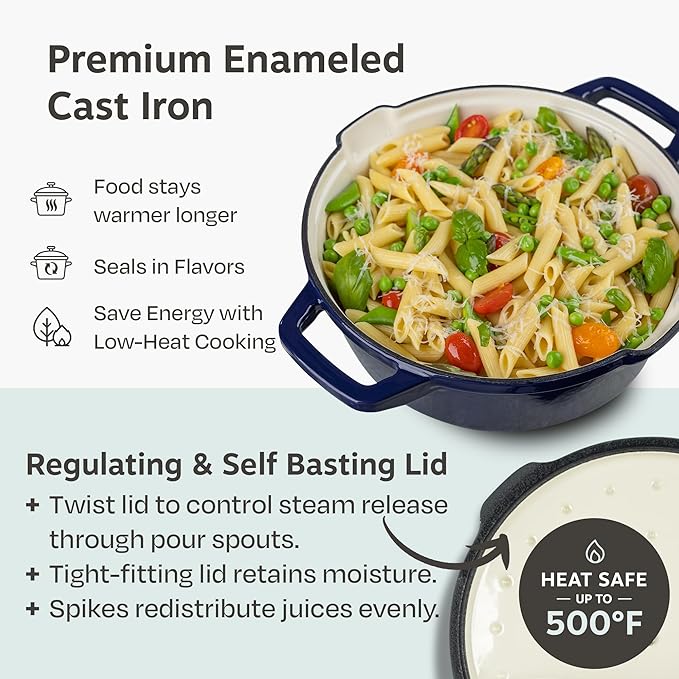 NATIVO 5 pc Stackable Cast Iron Cookware Set Versatile Enamel Dutch Oven Seasoned Grill Pan &amp Enamel Braiser with Precision Pour Spouts Universal Lid Included Spacers/Handle Holders Midnight