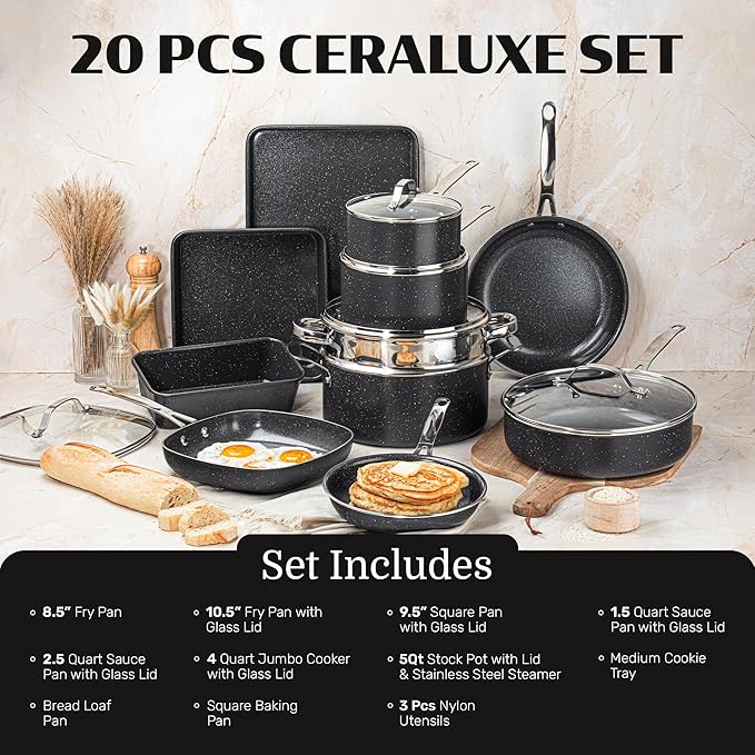 Granitestone Ceraluxe 20 Pc Ceramic Cookware Set Nonstick Complete Pots and Pans Set Non Stick for Kitchen with Bakeware Utensils &amp Steamer Non Toxic Made Without PFOA PFOS Oven &amp Dishwash