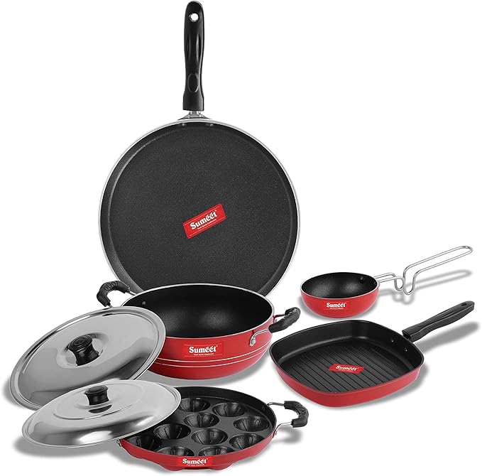 Sumeet 2.6mm Thick Non-Stick Jolet Cookware set (Dosa Tawa – 26.5cm Dia + Kadhai With Lid – 1.5Ltr capacity + Grill Appam Patra With Lid – 23cm Dia + Grill Pan – 1.1Ltr + Tadka Pan – 10cm Dia)