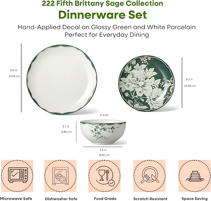 222 Fifth 12-Piece Porcelain Dinnerware Set for 4 White &amp Sage Green Plates and Bowls Set Glossy Ceramic Dish Set with Detailed Floral Design Microwave &amp Dishwasher Safe Dishes for Dining