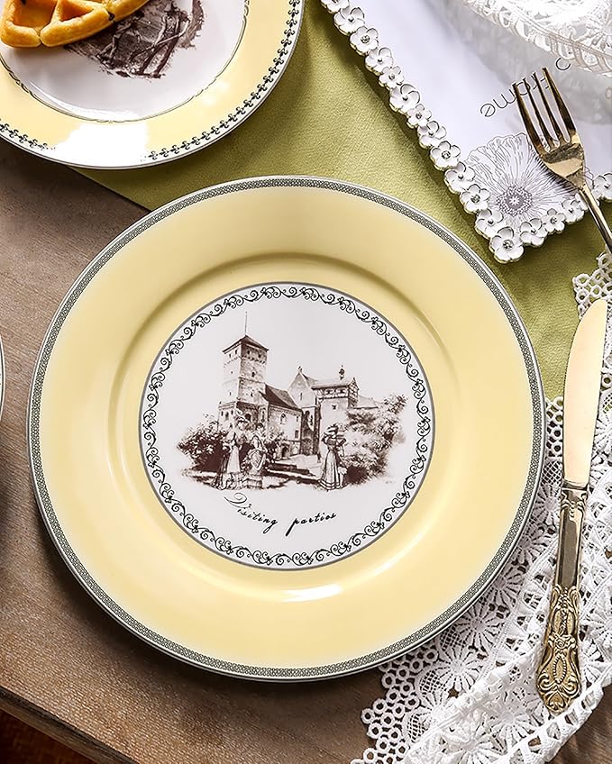 European court retro style Dinnerware Set Service for 6Afternoon tea Bone China Dinnerware SetsSteak Dinner Plates Dish Set (24Pcs)Freezer Safe Elegant Dining Plates VMKL