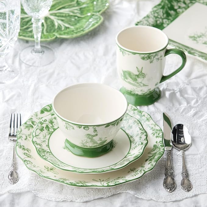 Le Jardin Bunny 16-Piece DINNERWARE SET SERVICE FOR FOUR – Elegant Stoneware Plates Bowls &amp Mugs for Springtime Easter Garden Parties &amp Everyday Charm – Scalloped Floral Toile Design