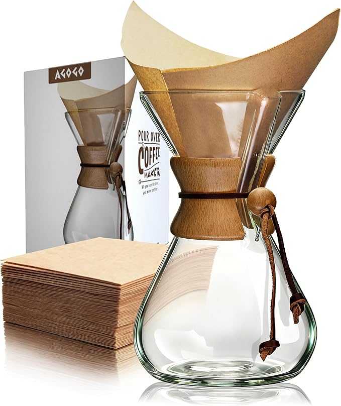 AGOGO Pour Over Coffee Maker Set Glass Coffee Maker with 50pcs Filter Paper -for Home Office Camping Cafes - Easy Clean Coffee Dripper Set (Soft Towel&ampBrush Included)(10 Cup/34oz)