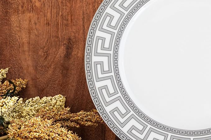 Porcelain Dinnerware Set for 1 - White and Silver Luxurious 4 Piece Greek Key Design - Elegant Dinner Plates with Mugs - Dining Kitchenware for Home Formal Occasions and Everyday Dishes