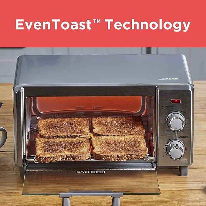 BLACK+DECKER Crisp 'N Bake Air Fry Countertop Convection Toaster Oven Medium Capacity 4-Slice 5-in-1 Fits 9” Pizza 30-Min Timer Bake Broil Air Fry Toast Keep Warm Stainless Steel