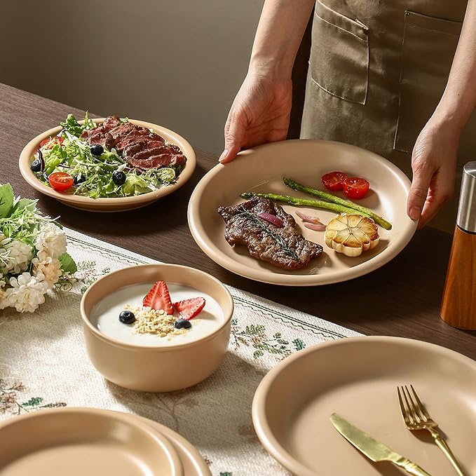GZG Vintage Series - Ceramic Dinnerware Set for 4 12 Pieces Stoneware Plates and Bowls Set Lead-Free Handcrafted Dishes Set Microwave &amp Dishwasher Safe - Warm Apricot
