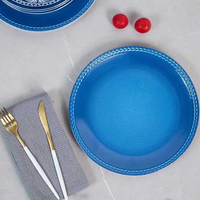 Melamine Dinnerware Set -12pcs Outdoor and Indoor Plates and Bowls Set Service for 4 Dishwasher Safe Blue Flower