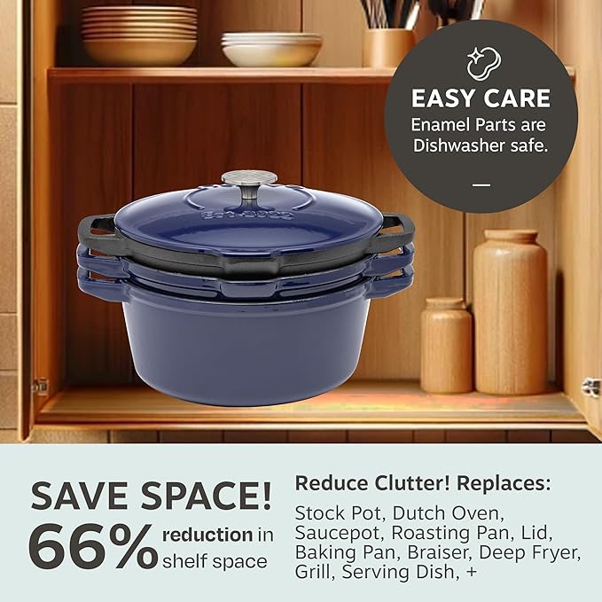 NATIVO 5 pc Stackable Cast Iron Cookware Set Versatile Enamel Dutch Oven Seasoned Grill Pan &amp Enamel Braiser with Precision Pour Spouts Universal Lid Included Spacers/Handle Holders Midnight