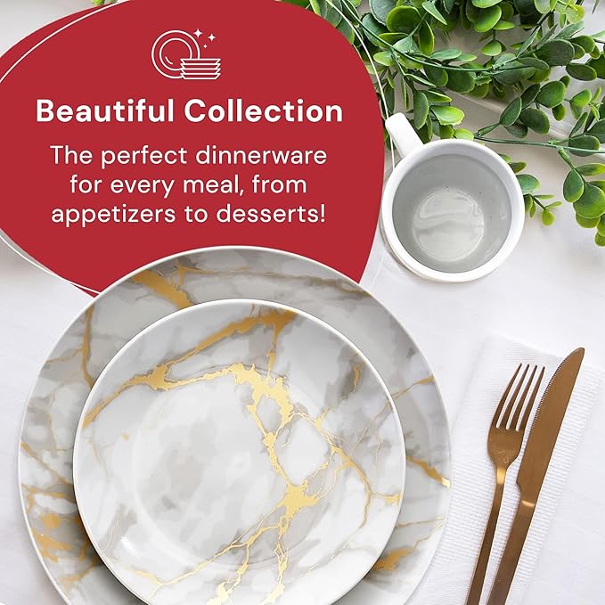 Pemberly Row Contemporary 16-Piece Porcelain Dinnerware Set Gold Marble Finish Lightweight Chip-Resistant Dishwasher &amp Microwave Safe Includes Plates Bowls Mugs for Everyday or Special Occas