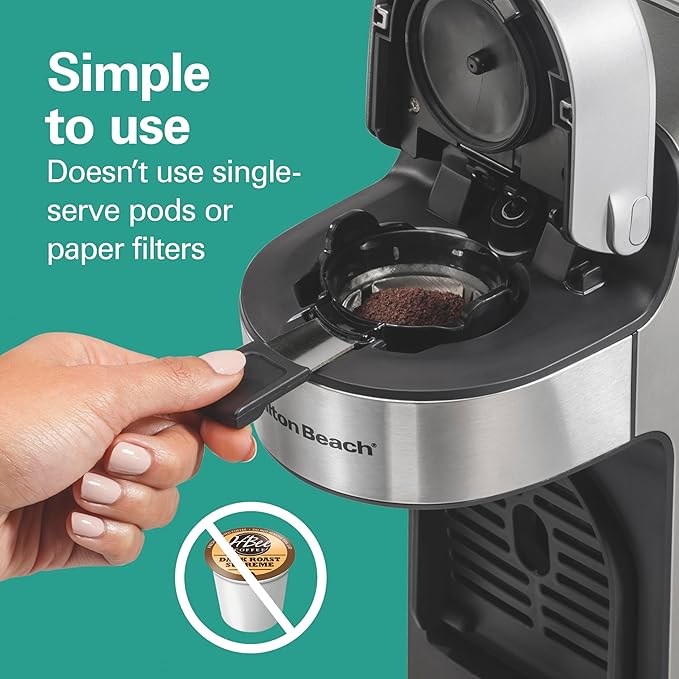 Hamilton Beach The Scoop Single Serve Coffee Maker &amp Fast Grounds Brewer for 8-14oz. Cups Brews in Minutes 40oz. Removable Reservoir Stainless Steel (49987)Silver