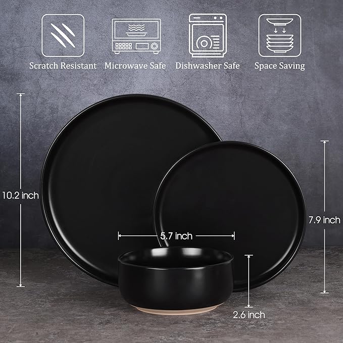 Vesteel 12-Piece Dinnerware set Ceramic Plates and Bowls set for 4 Speckled Stoneware Dishes Set for Family Microwave &amp Dishwasher Safe - Matte Black