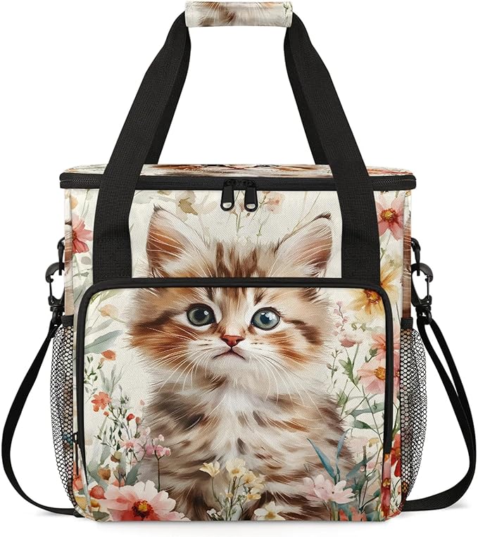 Cat Floral Coffee Maker Travel Bag Cute Cat Insulated Grocery Bag Travel Picnic Leakproof Cooler Bags With Shoulder Strap