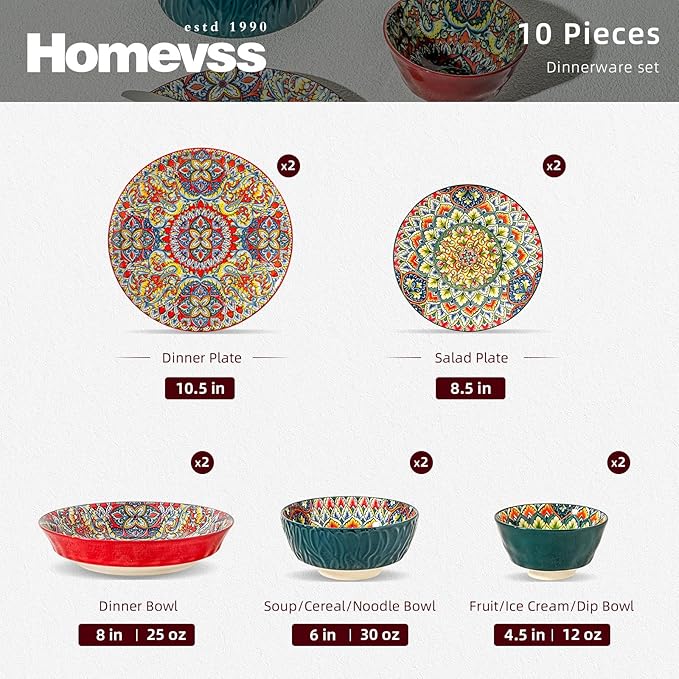 Homevss Boho 10 Pieces Dinnerware Sets Plates and Bowls Set Porcelain Dishes Set for 2 Microwave and Dishwasher Safe Scratch Resistant Bohemian Style Dining Ware Mixed Colors of Green &amp Red