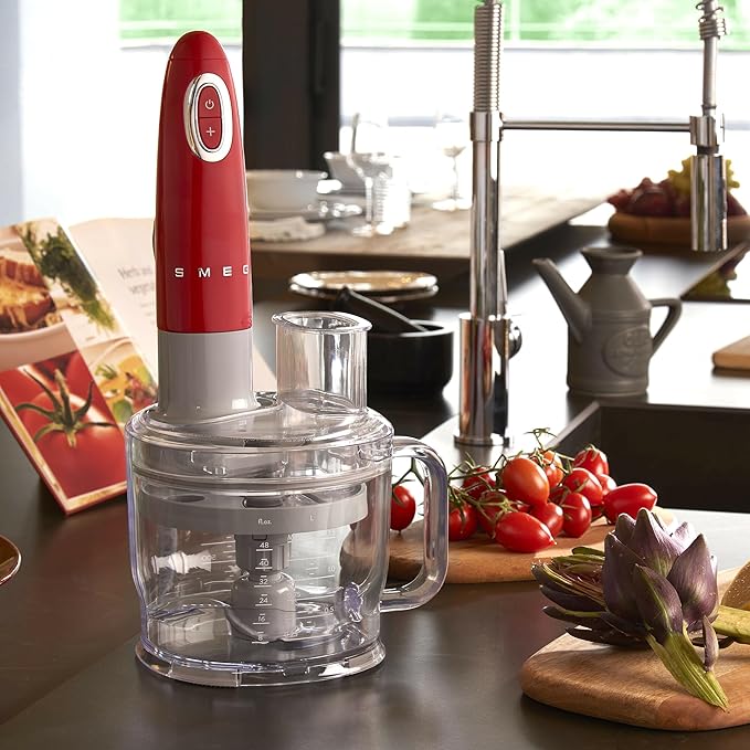 SMEG Hand Blender &amp Food Processor Bundle – HBF03 with HBFP11 Attachment – Retro Style 350W Motor Variable Speed Tritan™ Renew Bowl 5-in-1 Functionality Red