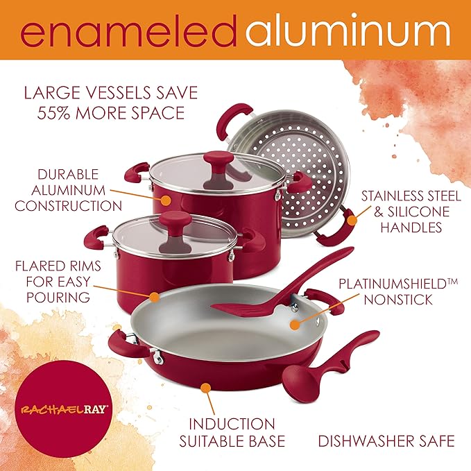 Rachael Ray 12166 8-Piece Create Delicious Stackable Nonstick Cookware Set Red Shimmer