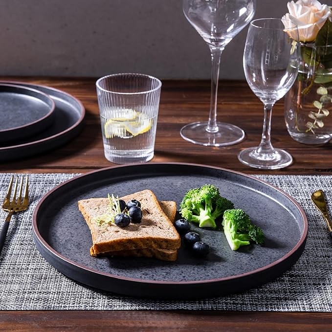 LERATIO Ceramic Dinnerware Sets for 8 High Edge Stoneware Plates and Bowls Set Chip and Crack Resistant | Oven &amp Dishwasher &amp Microwave Safe Dishes Set Service for 8 -Ashen