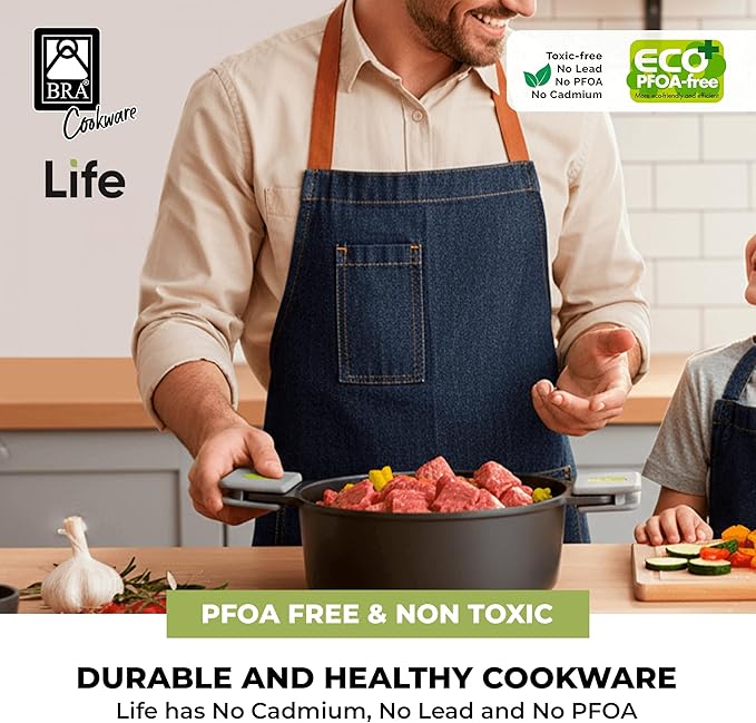 BRA COOKWARE Life 12-Piece Ceramic Cookware Set | Recycled Cast Aluminum Pots &amp Pans Set w/ 2 Pots 1 Sauté Pan 3 Pans 1 Saucepan 1 Grill 4 Lids | Ceramic Non-Stick Coating | All Stovetops