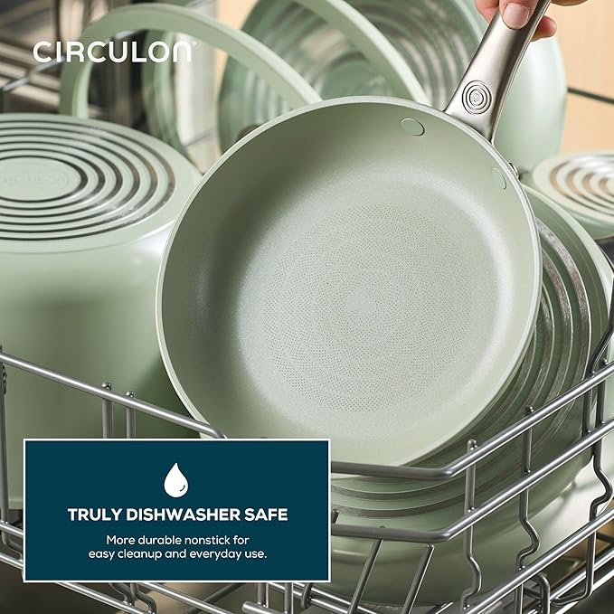 Circulon Halo with LaserDefense Ceramic Nonstick Saute Pan with Helper Handle and Lid Made without PFAS Compatible with All Stovetops Dishwasher and Oven Safe 5 Quart Multipurpose Pan - Sage
