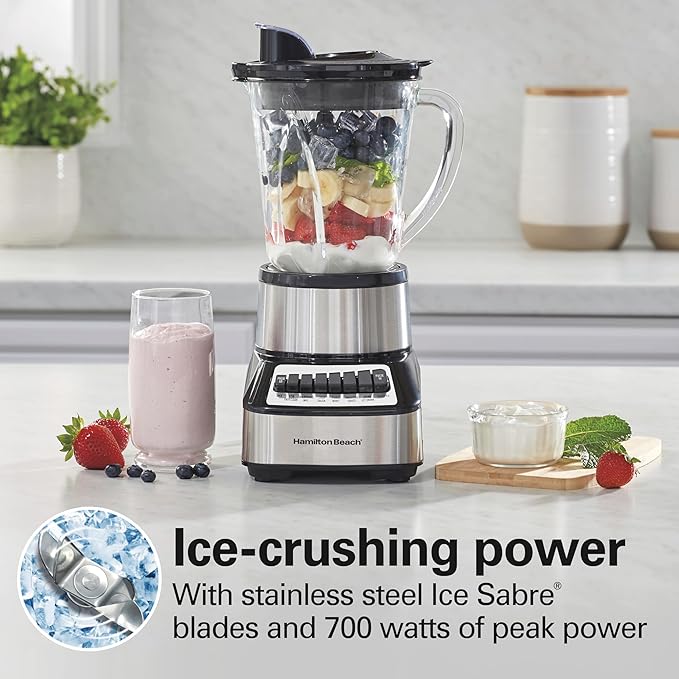 Hamilton Beach Wave Crusher Blender For Smoothies With 40 Oz Glass Jar and 14 Functions Ice Sabre Blades &amp 700 Watts for Consistently Smooth Results Black + Stainless Steel (54221)