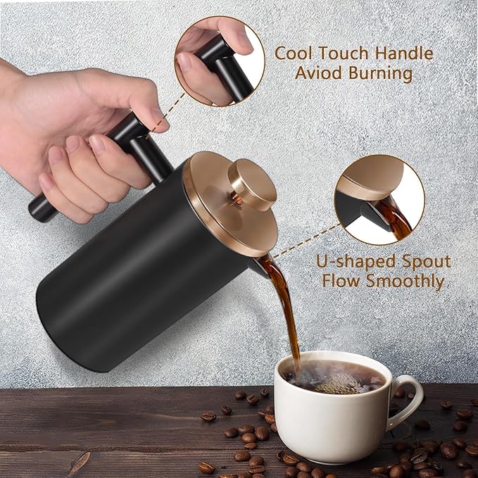 Black Mini French Press Coffee Maker 12oz Single Cup French Press with Rose Gold Lid 3 Extra Filters &amp 1 Gold Spoon(350ml Compact Travel Size) Dishwasher Safe
